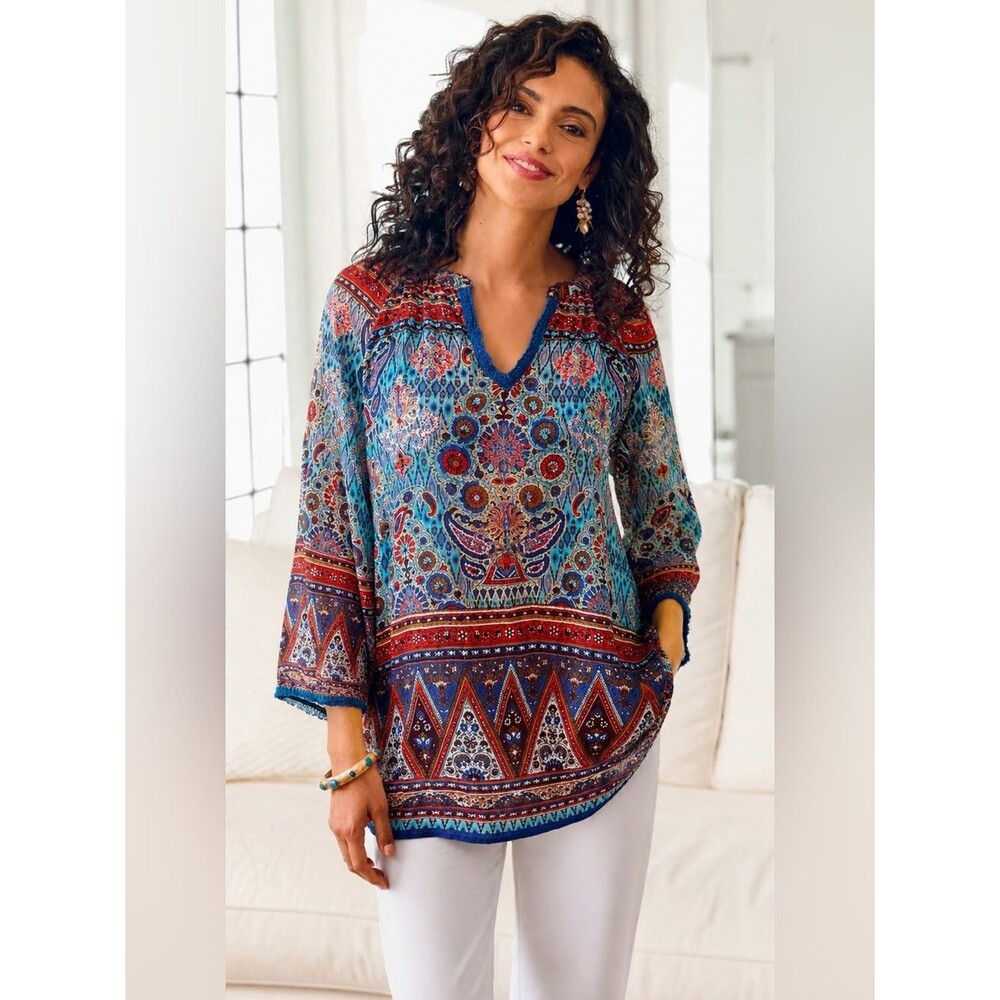 Soft Surroundings Blue & Red Print V-Neck Tunic Sz L Beads Crochet Embellished
